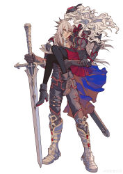 Rule 34 | 1boy, 1girl, absurdres, armor, armored boots, balmung (fate), black jacket, black pantyhose, blonde hair, blue eyes, boots, braid, breasts, carrying, carrying person, crown braid, dark-skinned male, dark skin, fate/grand order, fate (series), garrison cap, gloves, grey eyes, hat, highres, holding, holding sword, holding weapon, husband and wife, jacket, jewelry, kriemhild (fate), kriemhild (second ascension) (fate), lifting person, long hair, mole, mole under eye, necklace, pale skin, pants, pantyhose, scar, scar on face, scar on neck, shunreiseiya, siegfried (fate), simple background, skirt, smile, standing, sword, watermark, wavy hair, weapon, weibo watermark, white background