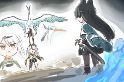 2girls animal_ears bird bird_wings black_gloves black_hair black_shorts black_skirt cloud_retainer_(genshin_impact) commentary crane_(animal) dust eating feathered_wings fox_ears fox_girl genshin_impact gloves green_jacket highres hoshimi_miyabi jacket long_hair multiple_girls pantyhose sheath shorts single_thighhigh skirt symbol-only_commentary thighhighs white_hair wings xianyun_(genshin_impact) xinzoruo yellow_eyes yixuan_(zenless_zone_zero) zenless_zone_zero