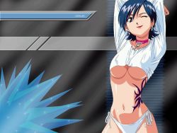 Rule 34 | 1girl, arms up, blue hair, breasts, earrings, female focus, jewelry, large breasts, lipstick, makeup, miki (viper), necklace, no bra, one eye closed, panties, shirt, short hair, side-tie panties, smile, solo, stretching, tattoo, underboob, underwear, viper (series), viper ctr, viper v10, white panties, wink