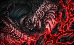 absurdres arkveld chin_spike clawed_hands claws commentary dragon_horns gradient_scales grey_scales highres hold111 horns monster monster_focus monster_hunter_(series) monster_hunter_wilds no_humans scales sharp_teeth spiked_arm spiked_wings teeth white_fur