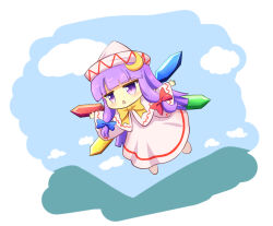 Rule 34 | 1girl, alternate costume, blue bow, blue sky, bow, bowtie, capelet, cloud, commentary request, cosplay, crescent, crescent hair ornament, crystal, day, dress, hair bow, hair ornament, hat, lily white, lily white (cosplay), long sleeves, open mouth, outdoors, outstretched arms, patchouli knowledge, purple eyes, purple hair, red bow, sky, solo, touhou, white capelet, white dress, white hat, wide sleeves, yellow bow, yellow bowtie, yoruniwa