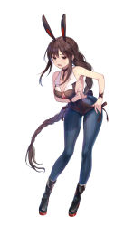 Rule 34 | 1girl, animal ears, bare shoulders, black boots, black leotard, blush, boots, braid, breasts, brown eyes, brown hair, choker, cleavage, collarbone, commentary request, earrings, fate/grand order, fate (series), full body, grey pantyhose, highleg, highleg leotard, highres, jewelry, large breasts, leotard, long hair, looking at viewer, multiple earrings, open mouth, pantyhose, playboy bunny, rabbit ears, rabbit tail, ribbed legwear, siiqa vivi, simple background, solo, striped clothes, striped pantyhose, tail, vertical-striped clothes, vertical-striped pantyhose, very long hair, white background, wing collar, yu mei-ren (fate), yu mei-ren (first ascension) (fate)