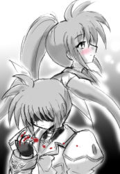 Rule 34 | 00s, 1girl, blood, blush, bow, dual persona, fingerless gloves, gloves, hair bow, hair over eyes, lyrical nanoha, magical girl, mahou shoujo lyrical nanoha, mahou shoujo lyrical nanoha strikers, military, military uniform, monochrome, multiple views, portrait, profile, shaded face, side ponytail, spot color, takamachi nanoha, twintails, white devil