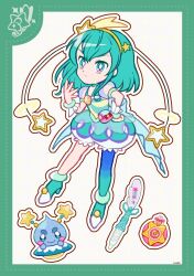 Rule 34 | 1girl, ankle cuffs, antennae, aqua boots, aqua eyes, aqua hair, aqua pantyhose, aqua shirt, aqua skirt, bag bow, blue pantyhose, blue sleeves, boots, border, bow, bubble skirt, closed mouth, cure milky, deformed, determined, dot nose, dotted line, eyelashes, frilled bracelet, frilled skirt, frills, frown, full body, glowstick, gradient pantyhose, green border, grid background, hagoromo lala, hair between eyes, hair ornament, hairband, hairclip, hand on own chest, hand up, high heel boots, high heels, highres, long hair, looking at viewer, magical girl, miniskirt, outline, pantyhose, penlight (glowstick), pink bag, precure, prunce (precure), puffy short sleeves, puffy sleeves, red bow, shirt, shooting star hair ornament, short sleeves, sidelocks, signature, single bare leg, single leg pantyhose, skirt, standing, star (symbol), star hair ornament, star twinkle precure, tsurime, two-tone bag, two-tone pantyhose, two-tone shirt, ufo, uwded 207, waist bag, white background, white bag, white outline, yellow hairband, yellow shirt
