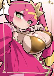 1girl bikini blonde_hair blush breasts commentary_request cowboy_shot duel_monster gold_bikini golden_week golden_week_bikini green_eyes highres huge_breasts jacket ki-sikil_(yu-gi-oh!) live_twin_ki-sikil long_hair multicolored_hair open_clothes open_jacket pink_background pink_hair pink_jacket simple_background solo streaked_hair swimsuit twintails two-tone_hair urasuka very_long_hair yu-gi-oh!
