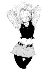 1girl android_18 arms_behind_head arms_up battle_damage cowboy_shot denim denim_skirt dragon_ball dragonball_z earrings fenyon halftone jewelry midriff miniskirt monochrome navel pantyhose shirt skirt solo tongue tongue_out torn_clothes torn_pantyhose torn_shirt