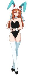 1girl absurdres alternate_costume animal_ears blush breasts brown_hair commentary ear_covers enukee full_body highres horse_ears horse_girl leotard looking_at_viewer playboy_bunny socks solo still_in_love_(umamusume) thighhighs umamusume veil white_background white_socks