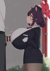 1boy 1girl absurdres animal_ears bar_censor black_hair blue_archive blush breasts censored clothes erection grabbing_own_breast head_out_of_frame height_difference hetero highres huge_breasts kaede_(blue_archive) large_penis long_hair looking_at_viewer noe_(ppppriver) open_mouth paizuri paizuri_under_clothes penis perpendicular_paizuri shortstack standing_paizuri veins veiny_penis yellow_eyes