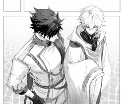 Rule 34 | 2boys, aiguillette, belial (granblue fantasy), chinese commentary, closed mouth, commentary request, covered eyes, gloves, granblue fantasy, greyscale, hair between eyes, hair over eyes, hand on own hip, highres, hood, hood down, hooded robe, jacket, long sleeves, looking to the side, lucilius (granblue fantasy), male focus, military jacket, monochrome, multiple boys, pants, robe, short sleeves, sleeves past fingers, sleeves past wrists, standing, udgg093577, wide sleeves