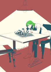 1boy against_table can ceiling_light chair chess_piece chessboard drink_can elbow_rest exhausted full_body gamedaeha green_hair hair_over_shoulder hand_on_own_chin library_of_ruina limited_palette medium_hair netzach_(project_moon) on_chair project_moon red_background simple_background sitting slouching solo spot_color spotlight table wooden_chair wooden_table