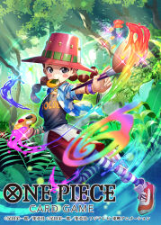 1girl attack bashikou black_shirt blush_stickers bracelet child commentary_request copyright_name eating food forest full_body hat highres holding holding_brush holding_paint_palette holding_paint_palette jewelry looking_at_viewer miss_goldenweek nature necklace official_art one_piece one_piece_card_game open_clothes open_shirt paint_palette paint_palette pantyhose red_hair red_shorts senbei shirt shoes short_sleeves shorts sneakers solo striped_clothes striped_pantyhose twintails