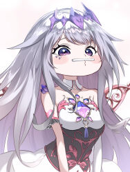 1girl black_corset corset detached_collar dress gem grey_hair headpiece highres hololive hololive_english jewel_under_eye koseki_bijou koseki_bijou_(1st_costume) long_hair material_growth metal_wings purple_eyes purple_gemstone solo takashi_san virtual_youtuber white_dress