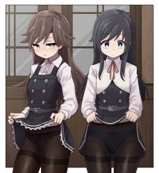 2girls arashio_(kancolle) arashio_kai_ni_(kancolle) asashio_(kancolle) asashio_kai_ni_(kancolle) black_dress black_hair black_pantyhose blue_eyes bow bowtie brown_eyes brown_hair buttons clothes_lift dress dress_lift highres indoors kantai_collection lifting_own_clothes long_sleeves multiple_girls neck_ribbon panties panties_under_pantyhose pantyhose pinafore_dress pleated_dress red_bow red_bowtie red_ribbon revision ribbon shirt shirt_lift skirt skirt_lift sleeveless sleeveless_dress thighband_pantyhose unagiman underwear white_shirt window