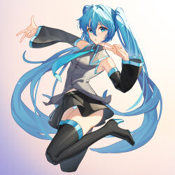 1girl absurdres black_boots blue_eyes blue_hair boots full_body gradient_background hatsune_miku high_heel_boots high_heels highres jumping open_mouth panties solo striped_clothes striped_panties thigh_boots twintails underwear v vocaloid w white_background zuiai_gongzhu_dianxia