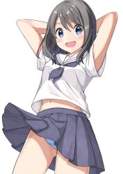 Rule 34 | 1girl, :d, absurdres, armpit peek, arms behind head, blue eyes, blue neckerchief, blue panties, blue skirt, blush, breasts, brown hair, collarbone, commentary request, cowboy shot, dancing, dutch angle, highres, me!me!me! dance (meme), medium hair, meme, midriff peek, miniskirt, navel, neckerchief, negimiso1989, open mouth, original, panties, pantyshot, pleated skirt, school uniform, serafuku, shirt, short sleeves, simple background, skirt, small breasts, smile, solo, underwear, upskirt, white background, white serafuku, white shirt