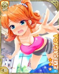 1girl alternate_costume ball blue_eyes bra brown_eyes brown_hair character_name day english_text girlfriend_(kari) grey_shorts indoors official_art open_mouth orange_hair pink_bra qp:flapper sagara_emi school shorts sports_bra tagme thighhighs tripping underwear window