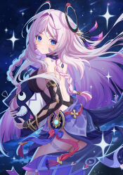 1girl absurdres aichinaigai armpit_crease back bare_shoulders blue_eyes bracelet braid breasts citlali_(genshin_impact) comet commentary facial_mark floating_headgear forehead_mark genshin_impact headgear highres hugging_doll hugging_object jewelry long_hair looking_at_viewer night night_sky pink_hair pink_pupils purple_nails ring_hair_ornament sideboob sky solo sparkle triangle triangle_facial_mark vision_(genshin_impact)