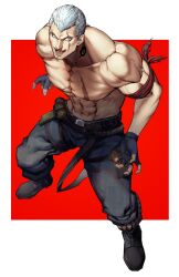 1boy :d abs absurdres bad_id bad_twitter_id bara bare_pectorals belt black_boots black_gloves black_pants boots bryan_fury bullet evil_smile explosive fingerless_gloves full_body gloves grenade grey_eyes grey_hair highres houjoh_(7th-heaven) looking_at_viewer male_focus muscular navel open_mouth pants pectorals red_background scar scar_across_eye scar_on_chest scar_on_face short_hair smile solo tattoo tekken topless_male white_background