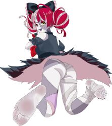 1girl ass bandages barefoot double_bun feet hair_bun heterochromia hololive immortalboobs kureiji_ollie long_hair looking_at_viewer multicolored_eyes multicolored_hair open_mouth red_hair soles streaked_hair toes yellow_eyes zombie_girl