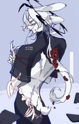 1boy akuicia animal_ears backless_outfit black_capelet capelet colored_skin halo highres looking_at_viewer original rabbit_boy rabbit_ears red_eyes rei_(crrn) scar scar_on_back solo white_hair white_skin