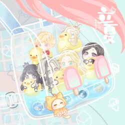 Rule 34 | &gt; &lt;, 3girls, 4boys, aeon (shining nikki), animal charm, aqua background, aqua eyes, backpack, bag, bare arms, bare shoulders, black boots, black hair, black hanfu, blazer, blonde hair, blue dress, blue eyes, boots, brother and sister, brown hair, bubble, character charm, charm (object), chi xiaoyu, chinese clothes, chinese text, coat, coat on shoulders, colored eyelashes, covered mouth, crown, dragon horns, dress, drill hair, earrings, elf, expressionless, food, formal clothes, from behind, gold crown, gradient clothes, gradient dress, grey coat, grey crown, grey dress, grey eyes, grey hair, grey hanfu, grey jacket, grey pants, grey suit, hair between eyes, hanfu, highres, horn ornament, horn ribbon, horns, ice cream, in bag, in container, jacket, jewelry, lilith (shining nikki), loen (shining nikki), long hair, long sleeves, luming, marina (shining nikki), marking on cheek, mercury (shining nikki), military uniform, mini crown, mini person, miniboy, minigirl, momo (nikki), multiple boys, multiple girls, nikki (nikki), nikki (series), non-web source, ophelia (shining nikki), pants, parted lips, pink hair, pointy ears, popsicle, purple eyes, qin yi, red jacket, red ribbon, ribbon, rubber duck, see-through clothes, see-through dress, shining nikki, short dress, siblings, sleeveless, sleeveless dress, stud earrings, suit, tareme, translation request, transparent bag, twin drills, two-tone dress, very long hair, water, white dress, white hair, white horns, white pants, xiaoyu qixing, yexiao (shining nikki), zipper, zoey (shining nikki)