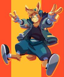 1boy artist_name bandaged_hand bandages bandaid bandaid_on_face bandaid_on_nose beanie black_shirt commentary commission dooper double_v english_commentary furry furry_male grey_jacket hat highres indie_virtual_youtuber jacket komoroshi llama_boy llama_ears llama_tail looking_at_viewer male_focus open_clothes open_jacket shirt smile v