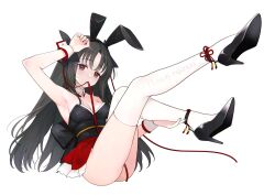 Rule 34 | black hair, commentary, hair ornament, hair ribbon, highres, japanese clothes, kimono, leotard, machine-doll wa kizutsukanai, mouth hold, obi, playboy bunny, red ribbon, ribbon, ribbon in mouth, saltylemontea, sash, short kimono, short yukata, thighhighs, white thighhighs, yaya (machine-doll), yukata