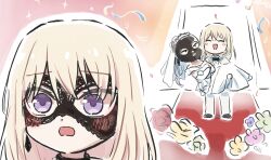 ^_^ bang_dream! bang_dream!_it&#039;s_mygo!!!!! black_mask blonde_hair blush bridal_veil carrying closed_eyes closed_mouth commentary_request doloris_(bang_dream!) dress earrings highres jewelry lyy mask masquerade_mask medium_hair misumi_uika oblivionis_(bang_dream!) open_mouth princess_carry togawa_sakiko veil wedding wedding_dress white_dress wife_and_wife yuri