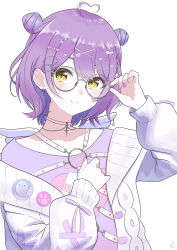 1girl absurdres ahoge blush cardigan chest_harness choker closed_mouth double_bun ear_piercing earrings glasses hair_bun hair_ornament hairclip harness heart heart_ahoge highres inumugi jewelry looking_at_viewer piercing purple_hair purple_shirt shinomiya_runa shinomiya_runa_(4th_costume) shirt signature simple_background solo t-shirt virtual_youtuber vspo! white_background white_cardigan white_choker white_wings wings x_hair_ornament yellow_eyes