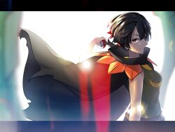 Rule 34 | 1girl, alternate color, black hair, breasts, cape, closed mouth, highres, holding, holding poke ball, letterboxed, looking at viewer, nintendo, poke ball, poke ball (basic), pokemon, pokemon masters ex, ponytail, red eyes, short hair, short ponytail, smile, solo, takibpkms, zinnia (pokemon)
