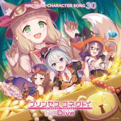 4girls :d :o ahoge animal_ear_fluff animal_ears black_corset black_jacket black_wrist_cuffs blue_eyes blunt_bangs blush breasts brown_hair cleavage coin collar collarbone commentary_request corset detached_collar detached_sleeves fox_ears frilled_sleeves frills gem glasses gloves goggles goggles_on_headwear gold_coin green_eyes grey_hair hair_between_eyes hands_up hat highres holding holding_jewelry holding_ring horns jacket jewelry lapels long_hair looking_at_viewer low_twintails maho_(princess_connect!) medium_breasts multiple_girls nanaka_(princess_connect!) navel necktie notched_lapels official_art open_mouth orange_necktie pearl_(gemstone) princess_connect! purple_eyes rectangular_eyewear rin_(princess_connect!) ring short_hair short_necktie short_sleeves sleeves_past_fingers sleeves_past_wrists smile squirrel_ears tomo_(princess_connect!) twintails very_long_sleeves white_collar white_gloves witch_hat wrist_cuffs