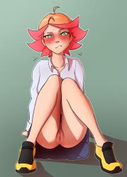 1girl absurdres amanda_o&#039;neill annoyed anus arm_support blush dress_shirt embarrassed full_body green_eyes highres legs little_witch_academia long_sleeves looking_at_viewer multicolored_hair no_panties nose_blush orange_hair parted_lips presenting pudgeruffian pussy pussy_juice red_hair revision shirt shoes short_hair sitting skirt sneakers solo sweat two-tone_hair uncensored wet