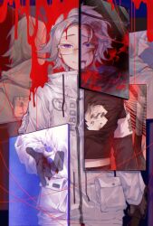 1boy aotsuki_eito armband black_gloves blood blood_from_forehead blood_from_mouth blood_on_face blood_on_glass commentary cowboy_shot glasses gloves grey_hair highres holding holding_eyeball holding_knife hole_in_chest hole_on_body jacket knife last_defense_academy_school_uniform looking_at_viewer male_focus multiple_persona outstretched_arm pocket purple_eyes school_uniform short_hair smile solo spoilers symbol-only_commentary the_hundred_line_-last_defense_academy- waiaaaaaaa white_armband white_jacket wide-eyed