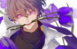 1boy absurdres black_sweater brown_hair commentary_request fangs flower highres jacket looking_at_viewer male_focus mouth_hold ooba_itori open_mouth original pink_eyes purple_flower purple_tulip solo sweater teeth teeth_hold tulip turtleneck turtleneck_sweater white_jacket