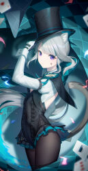 1girl animal_ears argyle black_capelet black_gloves black_hat black_leotard blush bow breasts brown_pantyhose capelet card cat_ears cat_girl cat_tail cleavage_cutout cloak clothing_cutout facial_mark genshin_impact gloves green_bow green_skirt grey_hair hat highres leotard lightria long_hair looking_at_viewer lynette_(genshin_impact) medium_breasts pantyhose playing_card ponytail purple_eyes sidelocks skirt smile solo star_(symbol) star_facial_mark swept_bangs tail thighs top_hat two-tone_gloves white_gloves white_sleeves