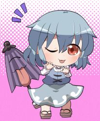 1girl ;) blue_hair blue_skirt blue_vest blush chibi chibi_only claw_pose closed_mouth commentary_request full_body geta highres juliet_sleeves karakasa_obake long_sleeves looking_at_viewer notice_lines one_eye_closed puffy_sleeves purple_umbrella red_eyes rokugou_daisuke shirt short_hair signature skirt skirt_set smile solo standing tatara_kogasa tongue tongue_out touhou umbrella v-shaped_eyebrows vest white_shirt