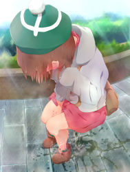 Rule 34 | 1girl, 22m, backpack, bag, beret, blush, brown hair, cardigan, dress, gloria (pokemon), green hat, hat, highres, nintendo, outdoors, pee, peeing, peeing self, pokemon, pokemon swsh, puddle, shoes, socks, solo, standing, stone floor, wet, wet clothes