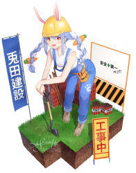 1girl alternate_costume animal_ears artist_name belt blue_hair blue_pants braid brown_shoes collarbone commentary_request explosive flag food-themed_hair_ornament full_body grass hair_between_eyes hair_ornament hat helmet highres holding hololive leaning_forward long_braid long_hair looking_at_viewer minecraft open_mouth overalls pants planted planted_shovel rabbit_ears rabbit_girl rabbit_tail red_eyes shirt shoes shovel sign skyrail sleeveless smile socks solo standing tail tnt tnt_block_(minecraft) tool_belt translation_request twin_braids usada_pekora virtual_youtuber white_background white_hair white_shirt