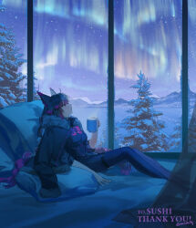 1girl absurdres ahoge animal_ear_fluff animal_ears artist_name aurora black_hair black_pants bow braid check_copyright choker commission commissioner_name copyright_request cup ema3 from_inside fur-trimmed_jacket fur_trim highres holding holding_cup indoors jacket jacket_on_shoulders leaning_back long_hair mountainous_horizon mug multicolored_hair night night_sky original pants parted_lips pillow pine_tree pink_bow purple_bow purple_eyes purple_hair short_sleeves sitting skeb_commission sky sleeves_rolled_up snow solo steaming_cup thigh_strap tree twin_braids very_long_hair window