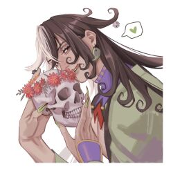 1boy ashiya_douman_(fate) asymmetrical_hair black_eyes black_hair curly_hair earrings fate/grand_order fate_(series) fingernails fixmeplz flower_wreath green_lips green_nails hair_between_eyes heart highres holding holding_skull japanese_clothes jewelry licking_lips long_hair magatama magatama_earrings male_focus multicolored_hair sharp_fingernails simple_background skull solo split-color_hair spoken_heart tongue tongue_out two-tone_hair upper_body white_background white_hair