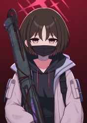 1girl absurdres bandages black_hair blue_archive commentary_request destiny_(game) gun halo highres holding holding_gun holding_weapon looking_at_viewer mask misaki_(blue_archive) mouth_mask red_halo short_hair simple_background solo tagme weapon zddma20