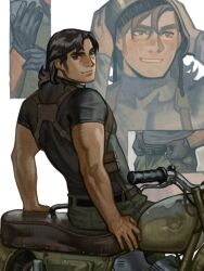 1boy :d absurdres adjusting_belt belt black_hair brown_eyes crew_neck gloves grin highres leaning_back looking_at_viewer looking_back male_focus motor_vehicle motorcycle mullet multiple_views open_mouth original putting_on_gloves putting_on_headwear silverheather smile solo upper_body