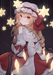 1girl absurdres blonde_hair blush bow closed_mouth crystal crystal_wings dress flandre_scarlet frills from_behind hair_between_eyes hat hat_ribbon highres hisu_(hisu_) long_hair long_sleeves looking_at_viewer looking_back mob_cap pointy_ears puffy_sleeves red_eyes red_ribbon ribbon skirt sky solo star_(sky) star_(symbol) starry_sky stuffed_animal stuffed_toy teddy_bear touhou wings