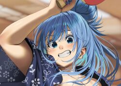 Rule 34 | 1girl, :o, aqua (konosuba), ball, blue eyes, blue hair, blue kimono, blush, breasts, cleavage, cropped, grin, hair bun, holding table tennis paddle, izawa (bhive003), japanese clothes, kimono, kono subarashii sekai ni shukufuku wo!, long hair, looking at viewer, open mouth, paid reward available, single hair bun, smile, solo, table tennis, table tennis ball, table tennis net