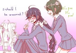 1boy 3girls ahoge alternate_costume black_dress black_jacket black_skirt blush braid closed_eyes collared_jacket collared_shirt danganronpa_(series) danganronpa_another_episode:_ultra_despair_girls dress ears english_text ! eyebrows_hidden_by_hair faceless faceless_male fake_horns flower flowers_in_hair fukawa_toko glasses gradient_background hair_horns head_wreath horned_headwear horns jacket kneeling leari_(leariqa) long_hair long_sleeved_jacket long_sleeves looking_at_viewer medium_hair multicolored_background multiple_girls naegi_komaru nose open_mouth pleated_dress pleated_skirt pointing pointing_at_self purple_background ? rose round_eyewear shingetsu_nagisa shirt sitting skirt stutter thighhighs tongue twin_braids twintails utsugi_kotoko white_background white_flower white_neckwear white_rose white_shirt yuri