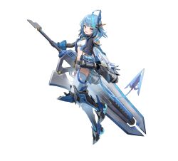 1girl ahoge armor asymmetrical_gloves belt black_gloves black_jacket blue_eyes blue_hair breasts crop_top cropped_jacket demon_tail fang full_body gloves greatsword grey_shorts hair_ornament headgear highres holding holding_sword holding_weapon huge_weapon jacket leg_up long_sleeves looking_at_viewer mechanical_tail midriff mismatched_gloves multicolored_hair navel nora_(starward) official_art open_clothes open_jacket open_mouth short_hair short_shorts shorts simple_background small_breasts smile solo starward sword tail thighhighs transparent_background weapon white_background white_thighhighs