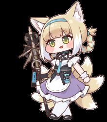 1girl animal_ears animated animated_gif arknights artist_request blue_hairband blush braid braided_hair_rings diyap_(style) dress fox_ears fox_girl fox_tail green_eyes hair_rings hairband highres holding holding_staff infection_monitor_(arknights) kitsune kyuubi multiple_tails open_mouth pantyhose purple_dress simple_background solo staff suzuran_(arknights) tail transparent_background twin_braids variant_set white_pantyhose