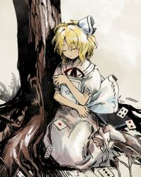Rule 34 | 1girl, ace (playing card), ace of diamonds, against tree, alice margatroid, alice margatroid (pc-98), back bow, blonde hair, book, bow, card, closed eyes, closed mouth, collared shirt, commentary request, diamond (shape), eight of hearts, expressionless, four of spades, frilled sleeves, frills, full body, hair bow, hairband, heart, highres, holding, holding book, kaigen 1025, long skirt, mystic square, neck ribbon, no shoes, playing card, puffy short sleeves, puffy sleeves, red ribbon, ribbon, shirt, short hair, short sleeves, skirt, socks, solo, spade (shape), suspender skirt, suspenders, three of clubs, touhou, touhou (pc-98), tree, two of hearts, white socks