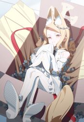 1girl absurdres animal_ear_fluff animal_ears bare_shoulders blonde_hair blue_archive blush bow box cardboard_box chinese_commentary commentary cross_halo crossed_legs detached_sleeves dress dutch_angle extra_ears footwear_bow forehead fox_ears fox_girl fox_tail frilled_dress frills full_body grin hair_spread_out halo hands_up high_heels highres in_box in_container indoors long_hair looking_at_viewer lying on_back orange_eyes pantyhose parted_bangs red_ribbon ribbon seia_(blue_archive) shoe_soles shoes short_dress sidelocks sleeve_bow sleeveless sleeveless_dress sleeves_past_fingers sleeves_past_wrists smile solo striped_clothes striped_pantyhose tail vertical-striped_clothes vertical-striped_pantyhose white_bow white_dress white_pantyhose white_shoes wide_sleeves yellow_bow yellow_halo yoni_(zhang)
