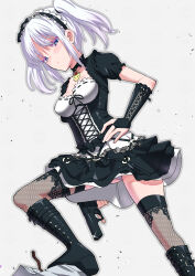 1girl absurdres belt_boots black_boots black_choker black_dress blue_eyes boots bow breasts bridal_gauntlets choker colored_eyelashes cross-laced_clothes dress dutch_angle frilled_dress frilled_sleeves frills gun hairband hand_on_own_hip handgun highres holding holding_gun holding_weapon lace lace-up_boots lace_thighhighs leg_up lolita_fashion lolita_hairband looking_at_viewer looking_down looking_to_the_side medium_breasts panties pantyshot petticoat puffy_short_sleeves puffy_sleeves rebar rubble short_sleeves solo sophia.k special_force_2 thighhighs toku_sonchou twintails underwear upskirt weapon white_background white_hair white_panties